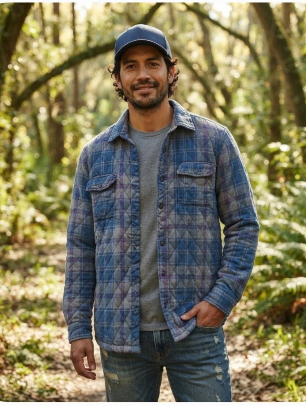 George Quilted Plaid Shirt Jacket in Blue and Purple Tones